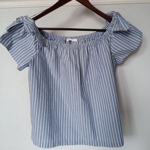 Lush Blue White Stripes Off the Shoulder Cotton Blouse Top Bows Women's Size M